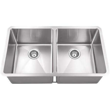 HARDWARE RESOURCES 32" Lx19" Wx10" D Undermount 16 Gauge Handmade Stainless Steel 50/50 Double Bowl Sink HMS250